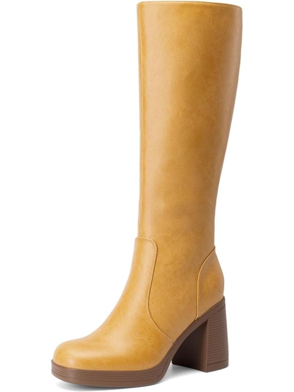 DREAM PAIRS Women's Yellow Knee High Chunky Platform Boots Square Toe Stretchy